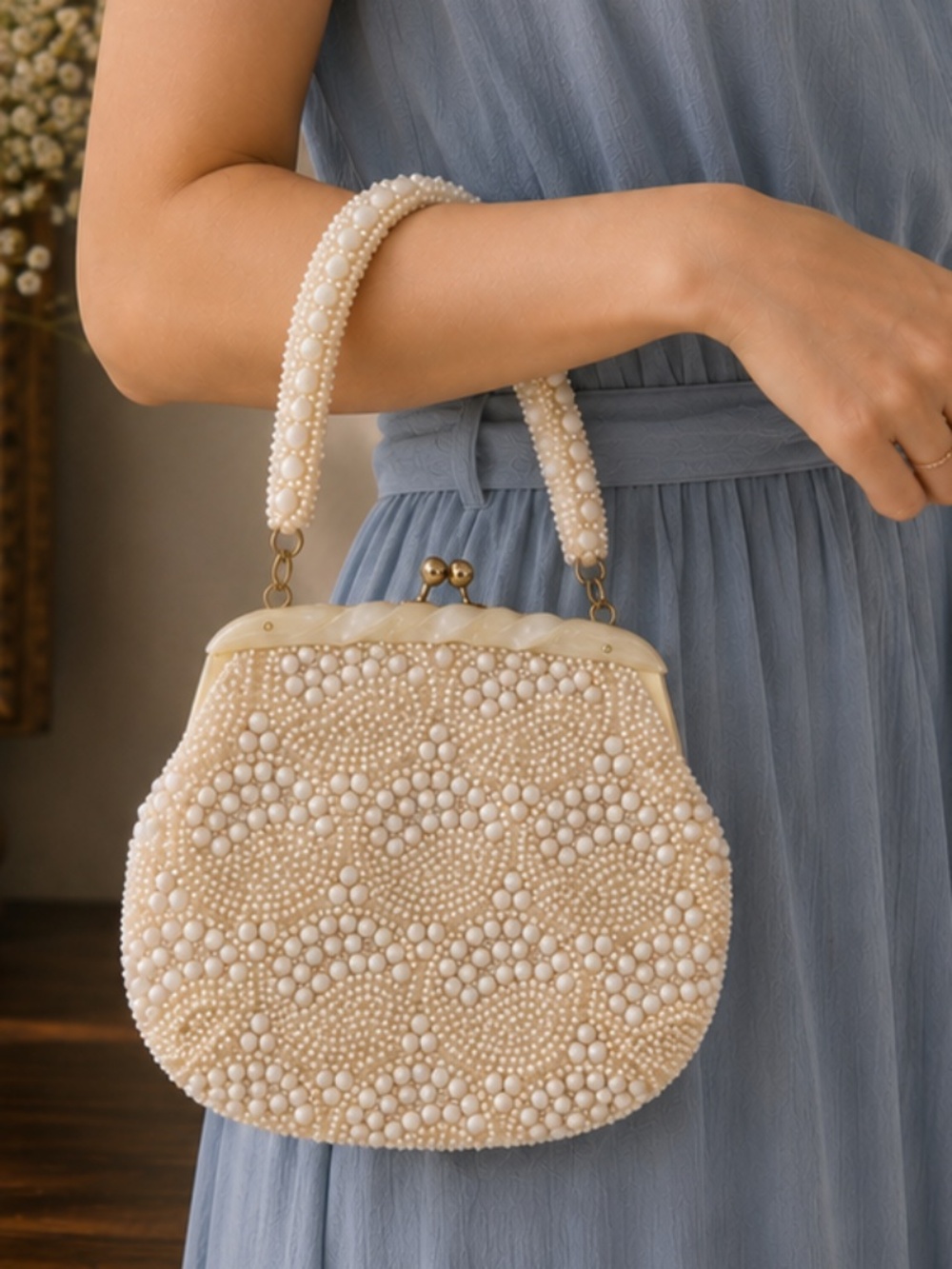 Vintage 1960s Ivory Beaded Bridal Evening Purse Likely Lucite Hong Kong
